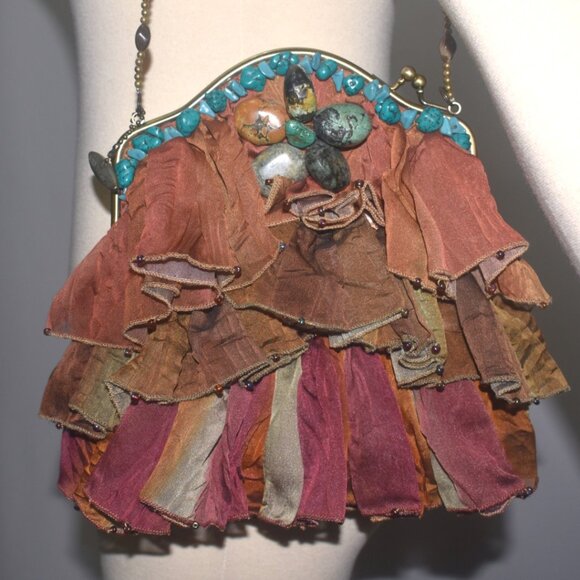 Mary Frances Shoulder Bag Purse Rock My Soul Boho Turquoise Silk Ruffle Beaded - Picture 2 of 11